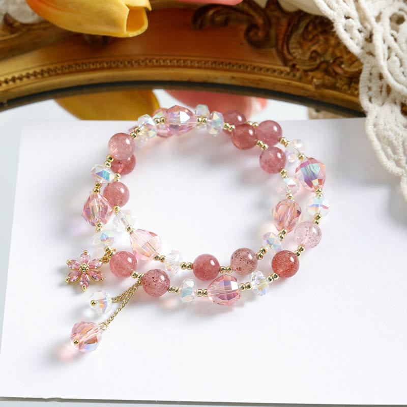 Strawberry Quartz Zircon Flower Healing Double Wrap Bracelet