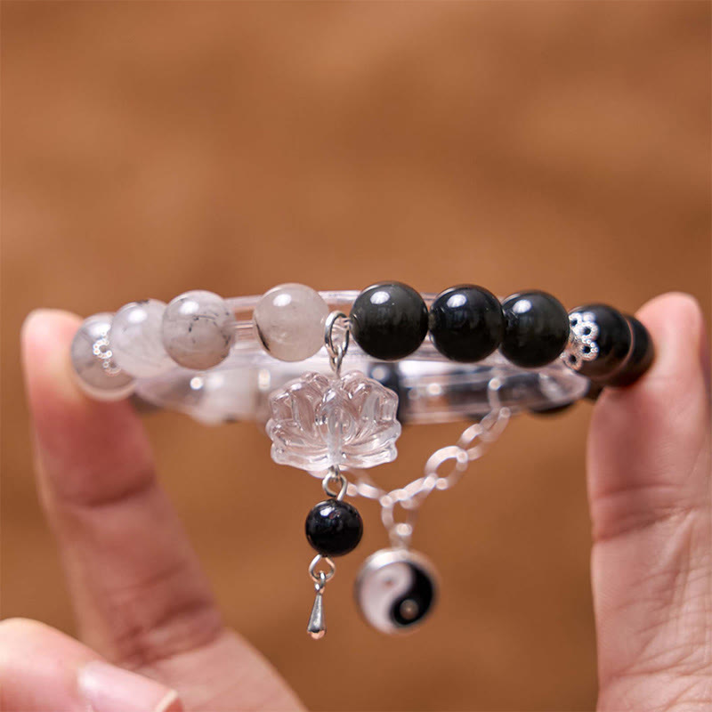 Silver Sheen Obsidian Crackle Clear Quartz Black Rutilated Quartz Yin Yang Lotus Protection Bracelet - Image 21