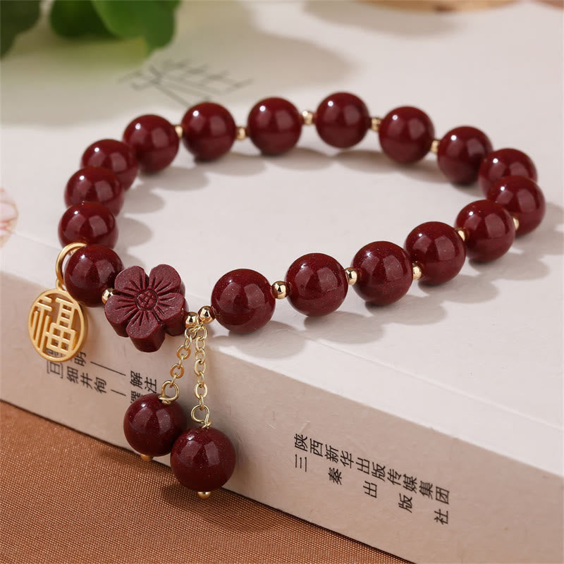Cinnabar Fu Character Cherry Blossom Blessing Bracelet - Image 6