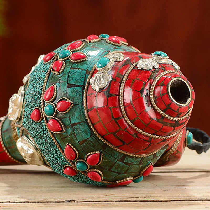 Tibetan Handmade Shankha Om Mani Padme Hum Buddha Avalokitesvara Turquoise Conch Shell Positive Decoration - Image 5