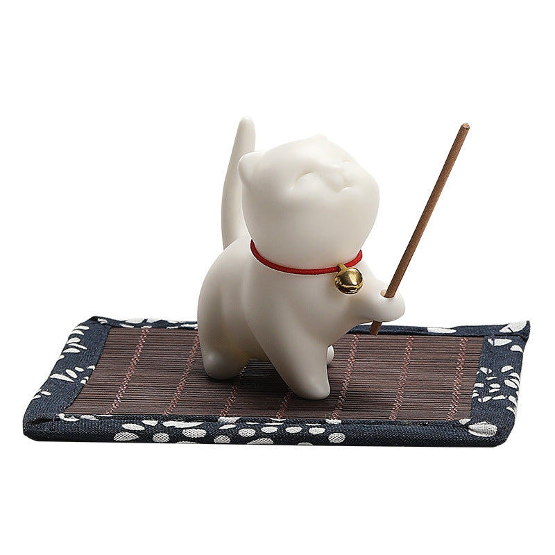 Mini Lucky Cat Kitten Tea Pet Ceramic Home Desk Figurine Decoration With Bamboo Mat - Image 11