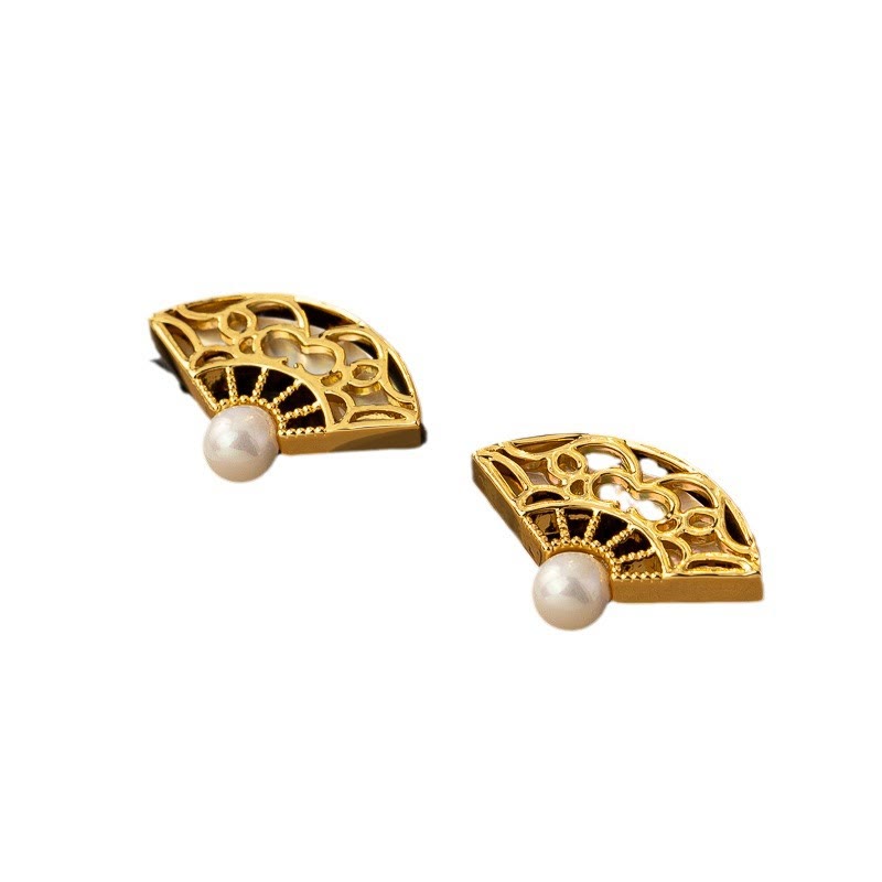 925 Sterling Silver Posts Fan Pattern Pearl Copper Wisdom Stud Drop Earrings - Image 6