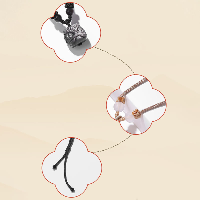 Natural Silver Sheen Obsidian Red Agate Dancing Lion Protection Necklace Pendant - Image 5