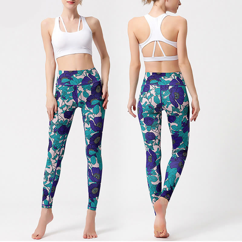 Colorful Flower Petal Leaves Print Sports Exercise Fitness High Waist Leggings Women's Yoga Pants - Image 28