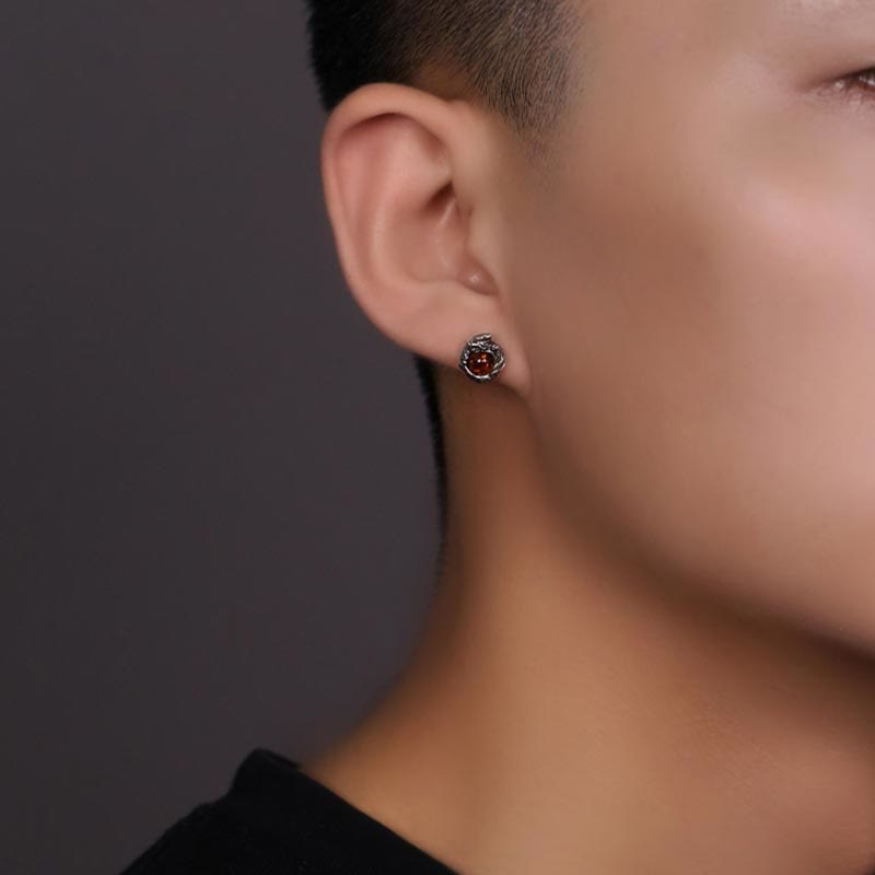 925 Sterling Silver Natural Amber Dragon Success Protection Stud Earring - Image 3