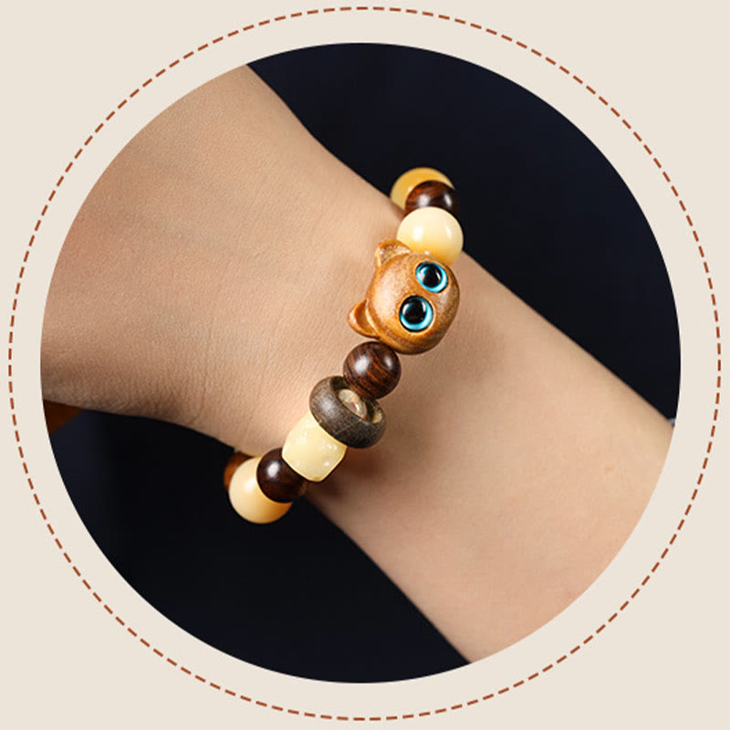 Natural Bodhi Seed Sandalwood Lucky Cute Cat Head Paw Claw Peace Bracelet - Image 11