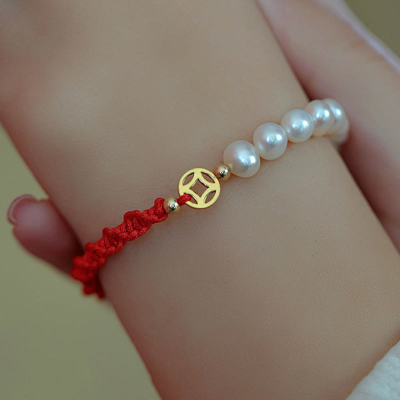 14K Gold Plated Pearl Bead Luck Protection Braid Red String Bracelet - Image 12