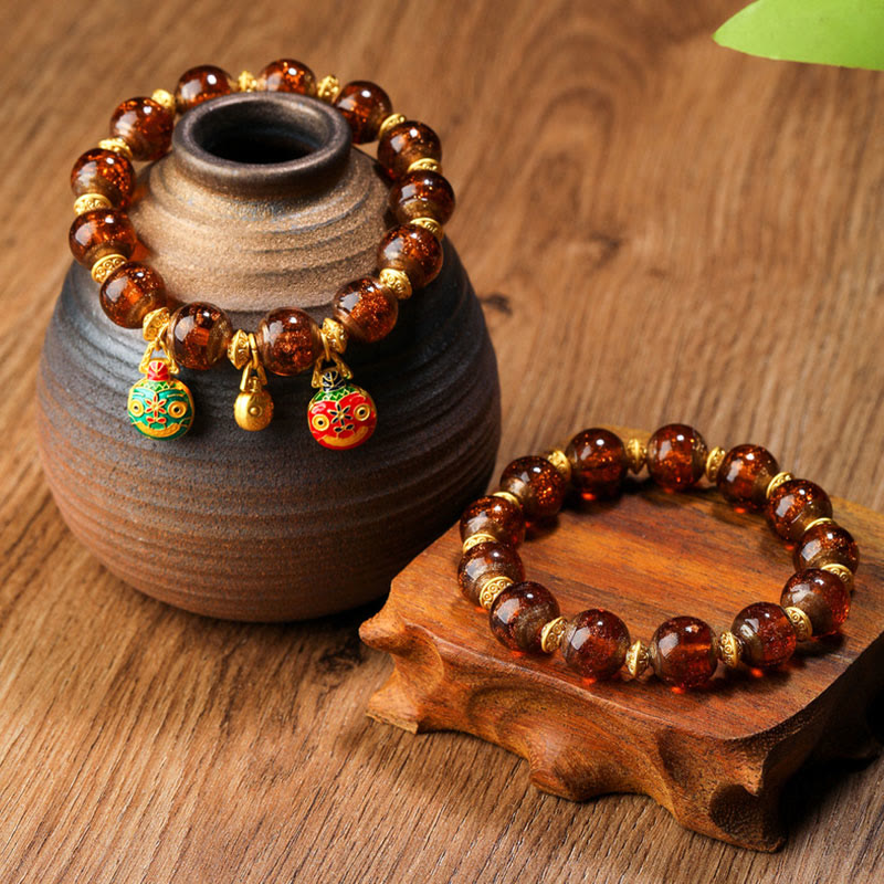 Gold Swallowing Beast Family Charm Liuli Glass Bead Fortune Bracelet - Image 19