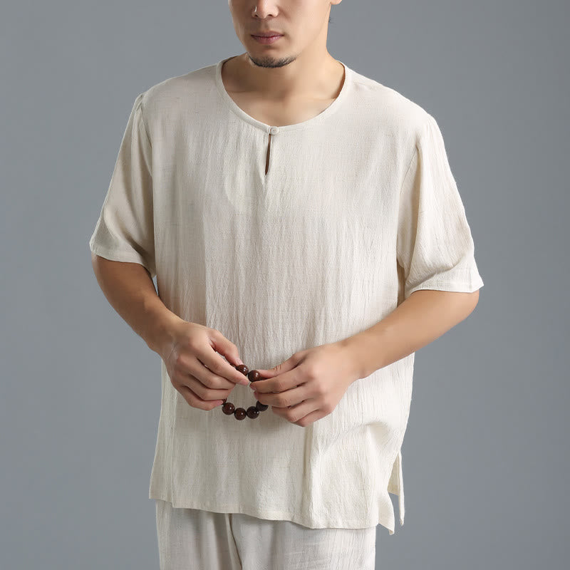 Men's Solid Color Round Neck Short Sleeve Cotton Linen Shirt - Image 17