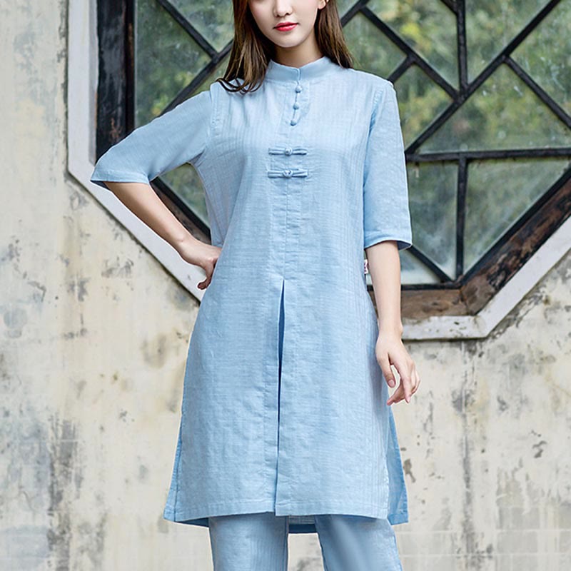 2Pcs Half Sleeve Shirt Top Pants Meditation Zen Tai Chi Linen Clothing Women's Set - Image 20