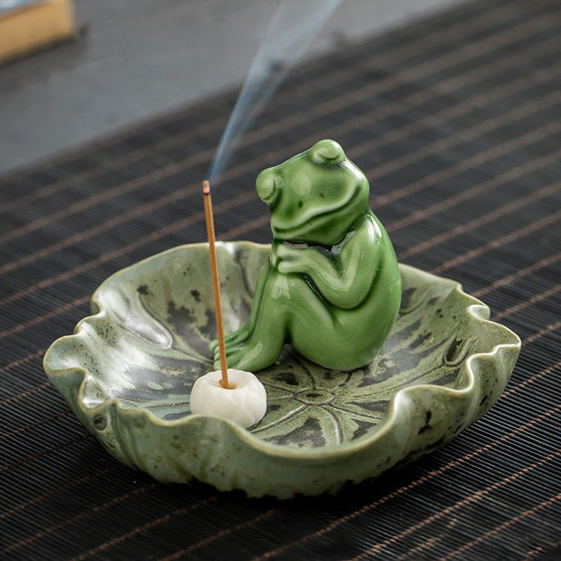 Leaf Meditation Frog Pattern Healing Ceramic Incense Burner Decoration - Image 22