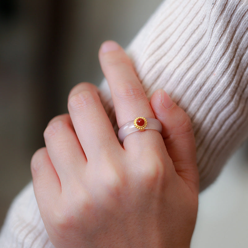 White Agate Cyan Jade Turquoise Red Agate Luck Protection Ring - Image 17