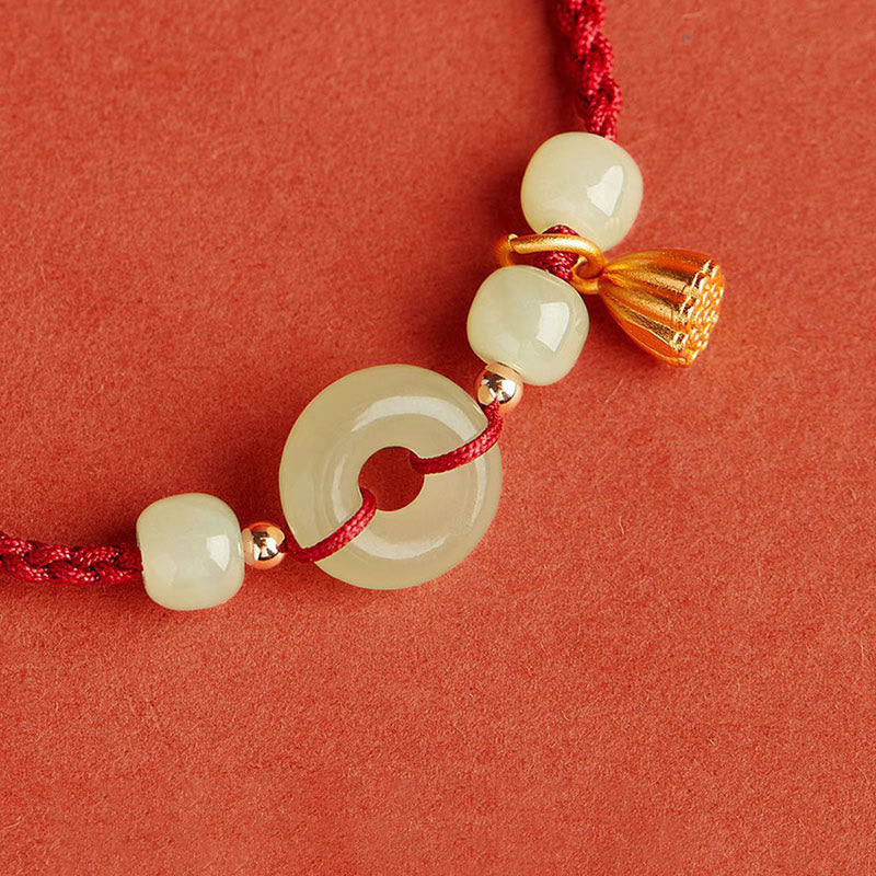 Round Peace Buckle Jade Lotus Happiness Abundance Wealth String Bracelet - Image 7