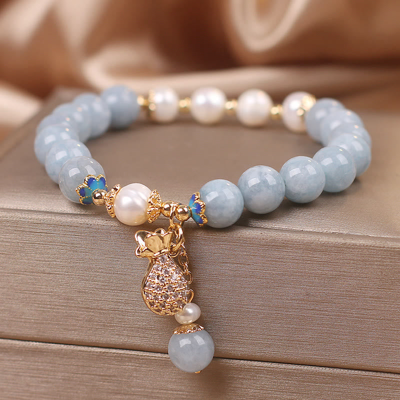 Aquamarine Pearl Fortune Money Bag Charm Bracelet - Image 3