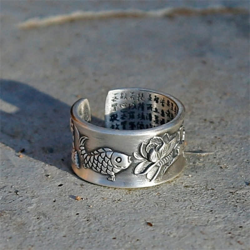 999 Sterling Silver Luck Koi Fish Lotus Heart Sutra Wealth Ring - Image 7