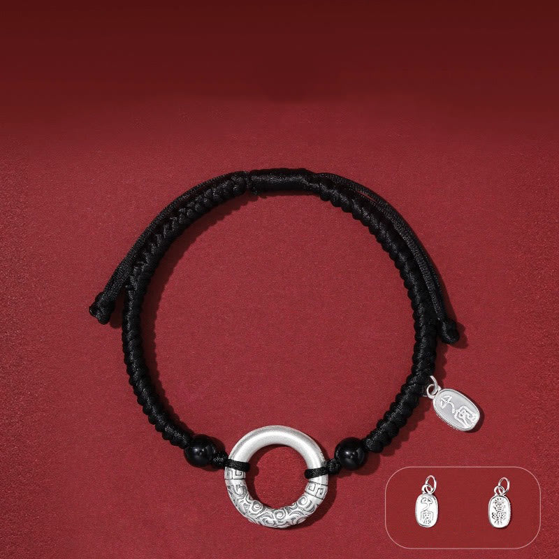 925 Sterling Silver Black Onyx Peace Buckle Fu Character Charm Bracelet - Image 6