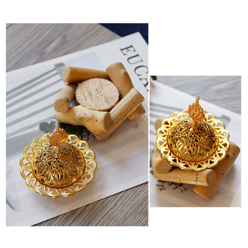 Gold Alloy Healing Mini Incense Burner With Wooden Coaster Home Decor - Image 16