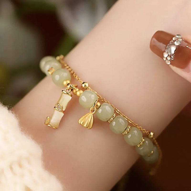 Natural Hetian Jade Prosperity Lotus Bamboo Charm Bracelet