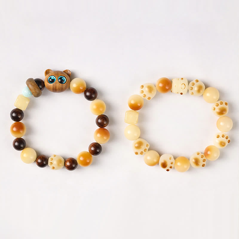 Natural Bodhi Seed Sandalwood Lucky Cute Cat Head Paw Claw Peace Bracelet - Image 23