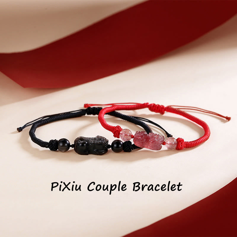 Handmade Natural Silver Sheen Obsidian Strawberry Quartz PiXiu Protection Braided Bracelet