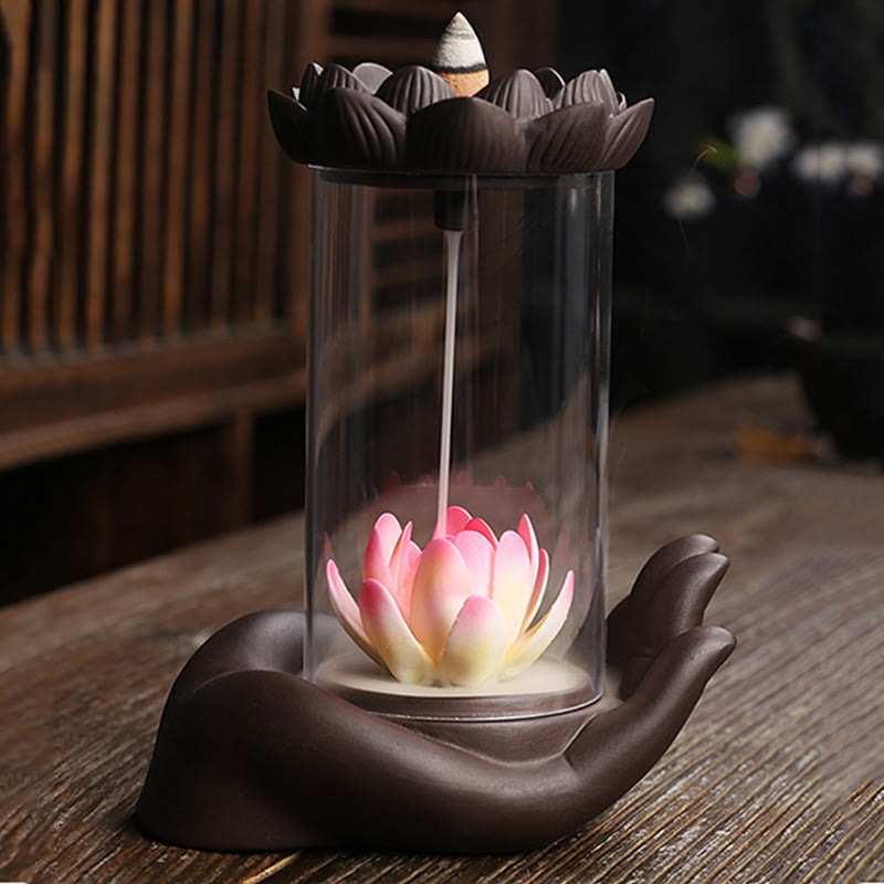 Buddha Hand Lotus Enlightenment LED Light Purple Clay Ceramic Incense Burner Decoration - Image 6