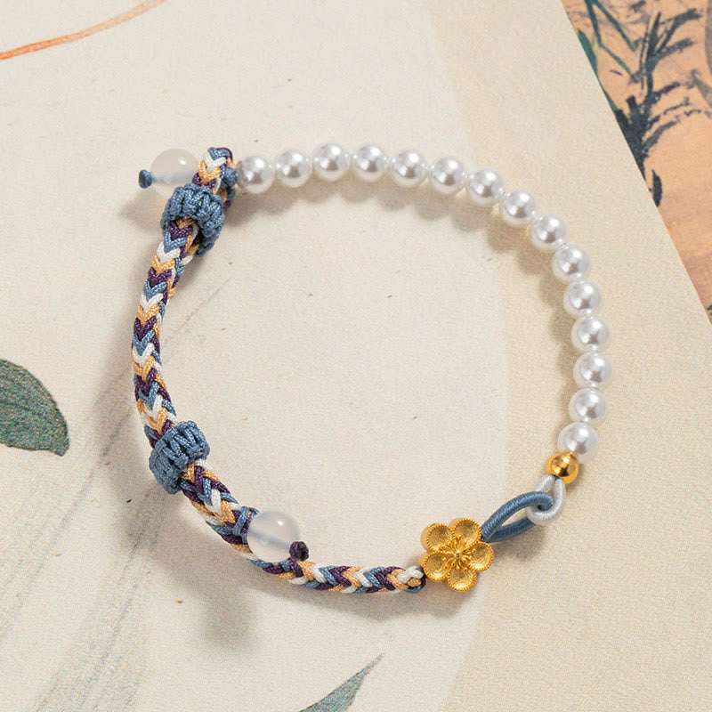 925 Sterling Silver Peach Blossom Pearl Chalcedony Healing Rope Bracelet