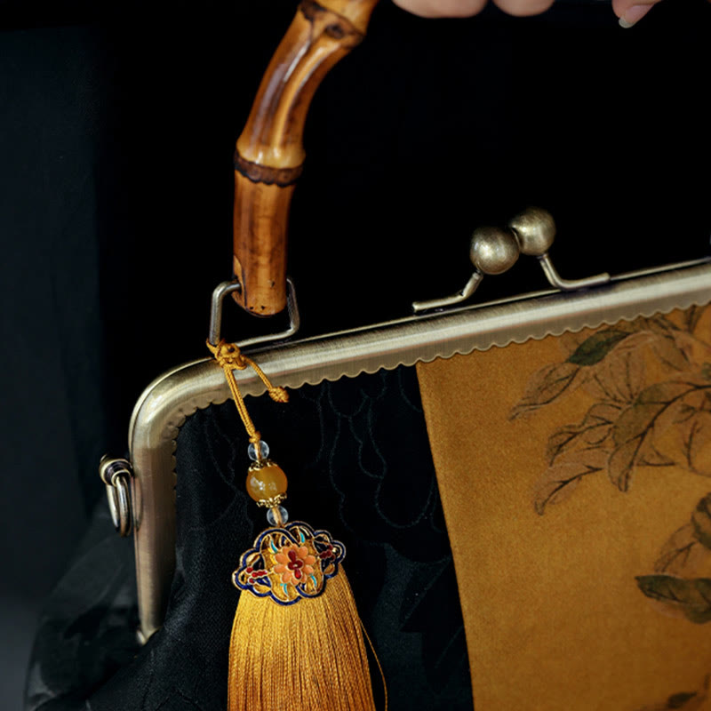 Leaves Bird Branches Persimmon Flowers Bamboo Handles Handbag - Image 4