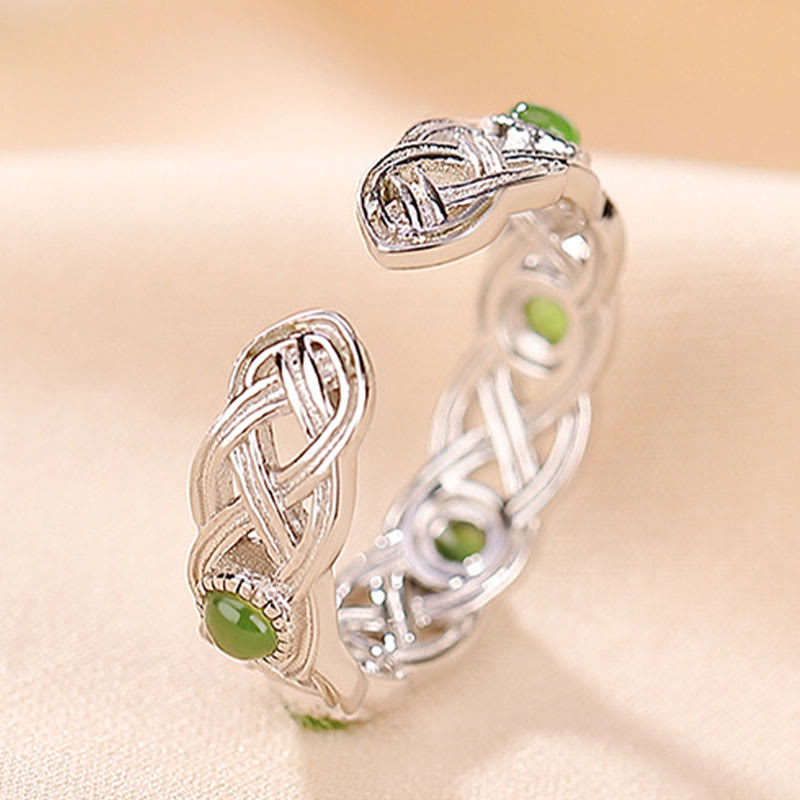925 Sterling Silver Plated Gold Cyan Jade Braided Design Success Luck Adjustable Ring - Image 9