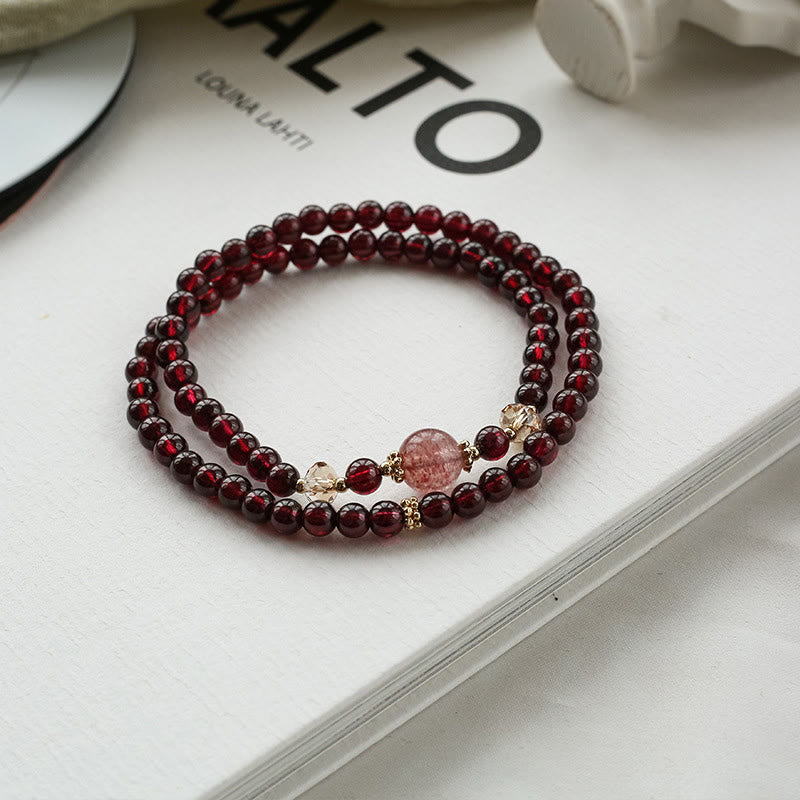14K Gold Plated Natural Garnet Strawberry Quartz Stability Double Wrap Bracelet - Image 6
