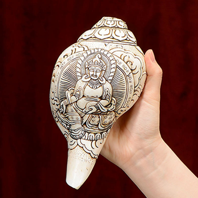 Tibetan Handmade Engraved Shankha Buddha Avalokitesvara Conch Shell Wealth Decoration - Image 7