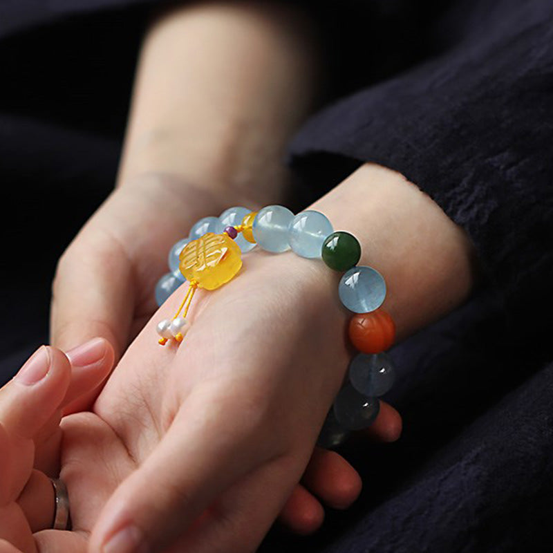 Natural Aquamarine Amber Chinese Knotting Charm Peace Bracelet - Image 3