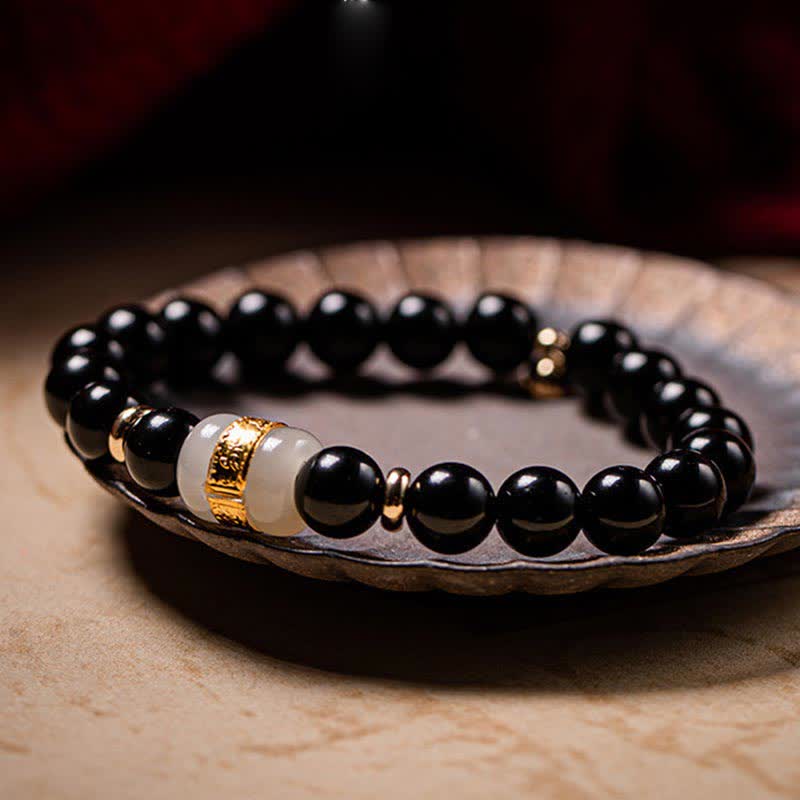 Black Obsidian Jade Om Mani Padme Hum Strength Couple Magnetic Bracelet