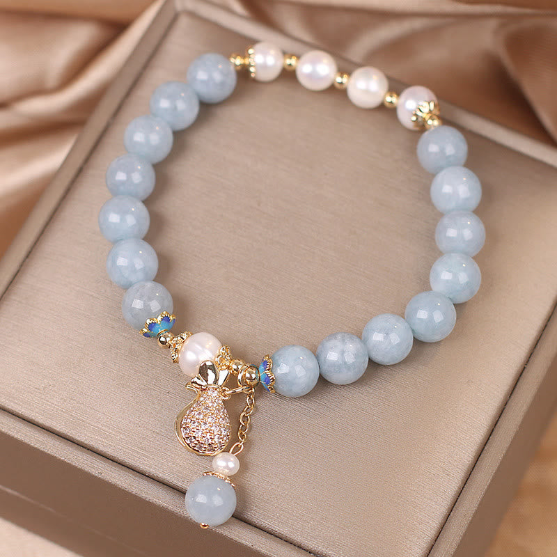Aquamarine Pearl Fortune Money Bag Charm Bracelet - Image 4