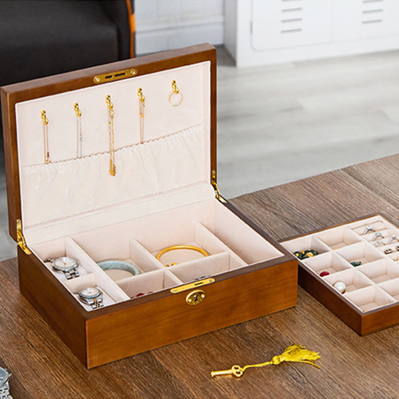 Vintage Wooden Jewelry Box Two-Layer Solid Wood Jewelry Storage Box - Image 9
