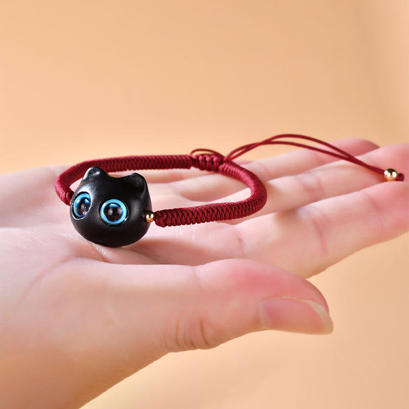 Ebony Wood Cat Head Pattern Peace King Kong Knot Braided Bracelet - Image 5