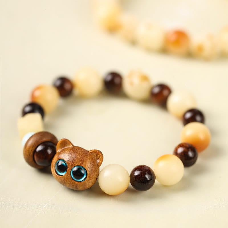 Natural Bodhi Seed Sandalwood Lucky Cute Cat Head Paw Claw Peace Bracelet