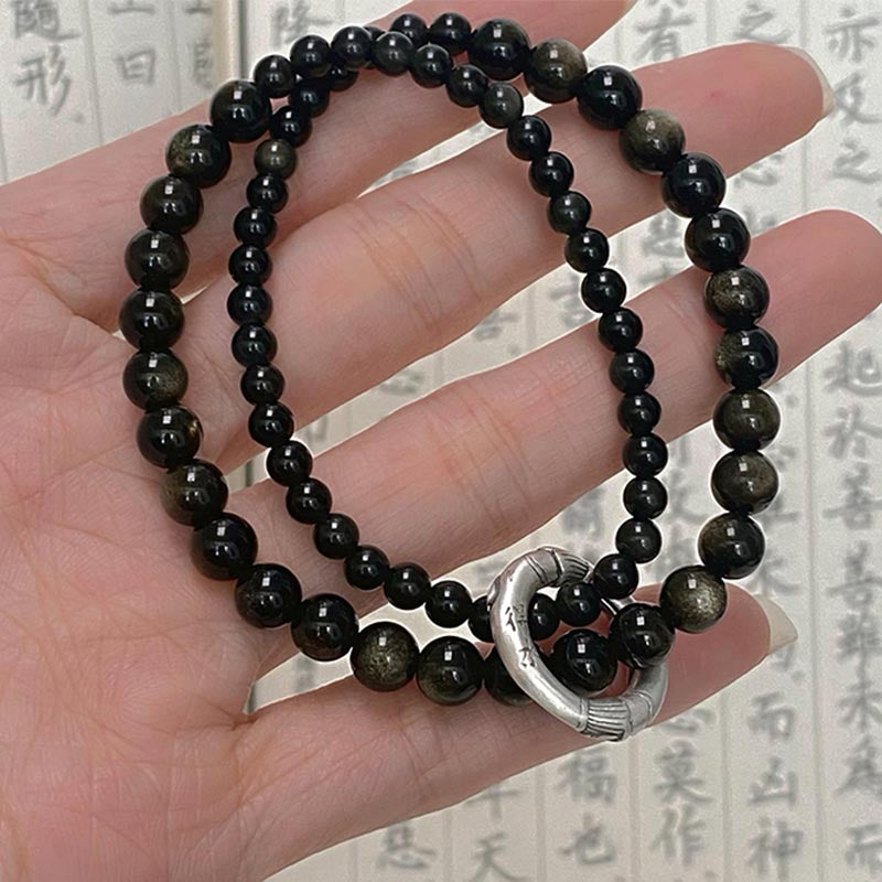 999 Sterling Silver Black Obsidian Fulfillment Strength Double Layer Bracelet - Image 3