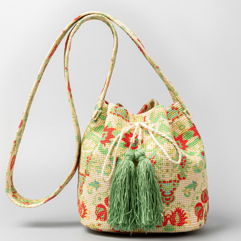 Colorful Geometry Flowers Print Canvas Bucket Crossbody Bag Shoulder Bag - Image 19