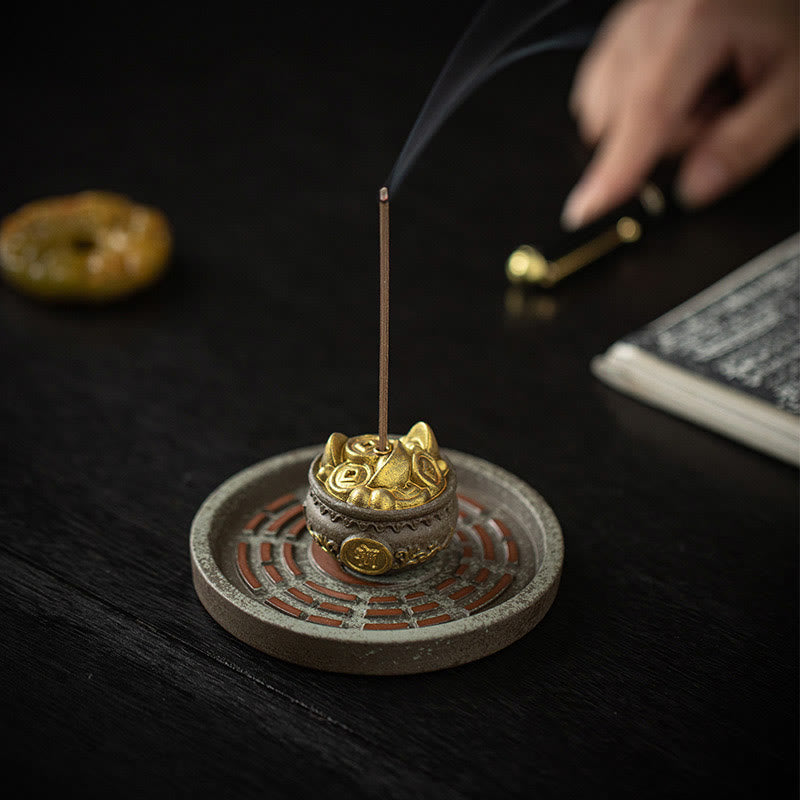 Small Treasure Bowl Lucky Bag Bagua Tray Healing Ceramic Stick Incense Burner Decoration