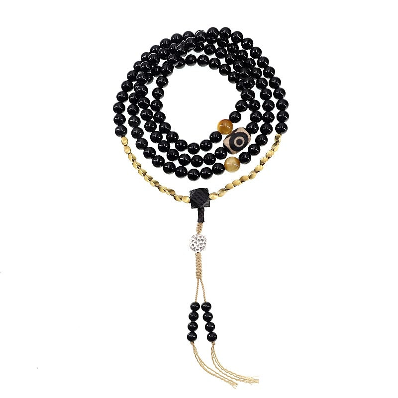 Tibetan 108 Mala Beads Black Onyx Three-eyed Dzi Beads Protection Bracelet - Image 21