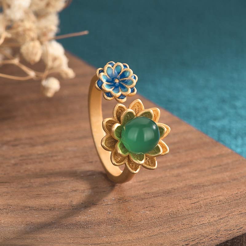 Lotus Pattern Jade Abundance Adjustable Ring