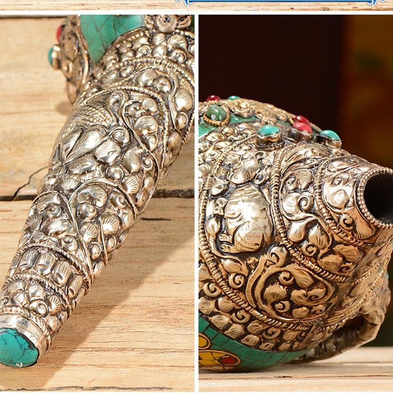 Tibetan Handmade Engraved Shankha Double Dorje Buddha Conch Shell Wealth Positive Decoration - Image 7