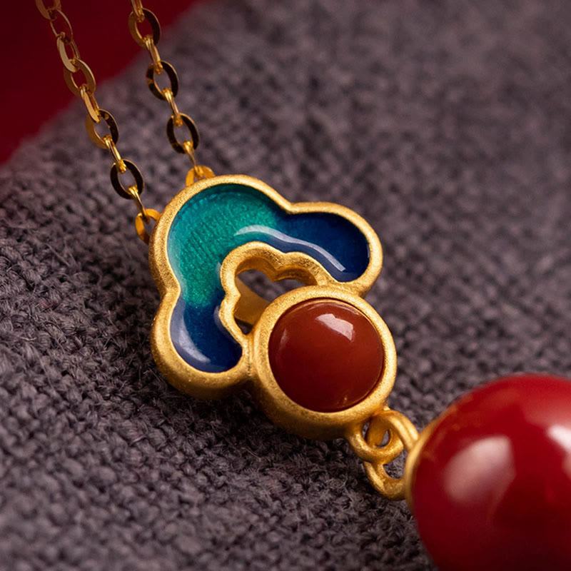 925 Sterling Silver Plated Gold Cinnabar Red Agate Blessing Necklace Pendant Earrings Ring Set - Image 9