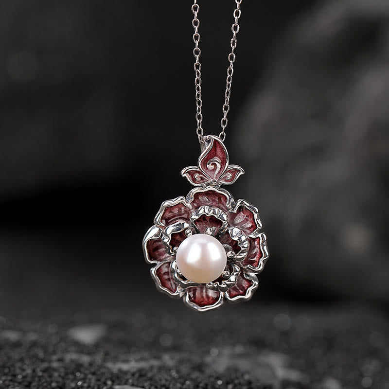 999 Sterling Silver Peony Flower Pearl Healing Necklace Pendant