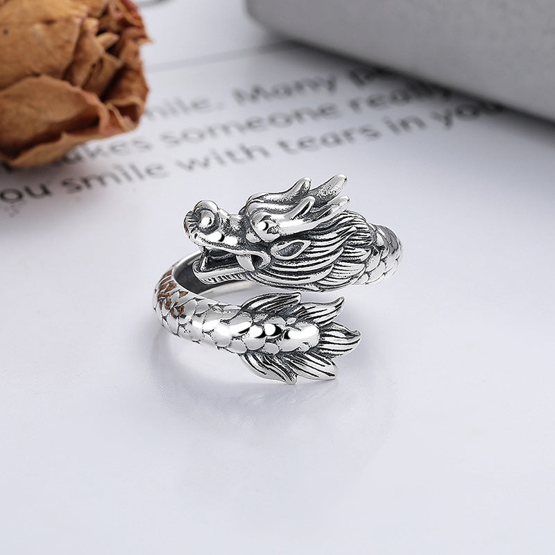 925 Sterling Silver Year Of The Dragon Luck Strength Adjustable Metal Ring - Image 4