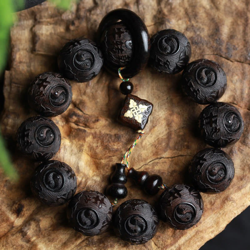 Ebony Wood Chinese Character Yin Yang Engraved Gourd Balance Bracelet