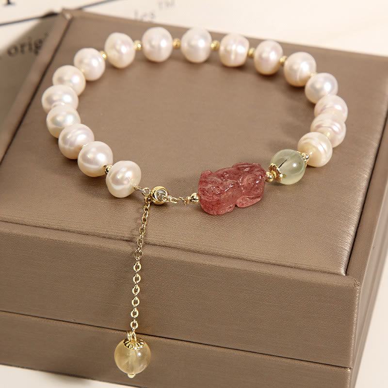 Natural Pearl Strawberry Quartz PiXiu Optimism Charm Bracelet