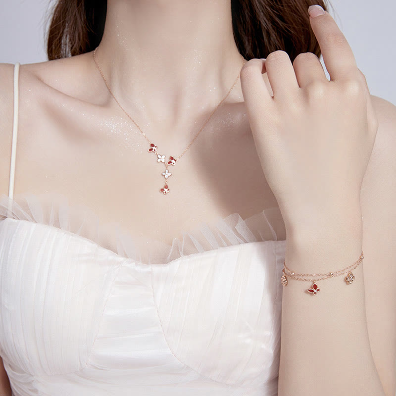 925 Sterling Silver Red Agate Tridacna Stone Butterfly Four Leaf Clover Calm Bracelet Necklace Pendant Set - Image 3