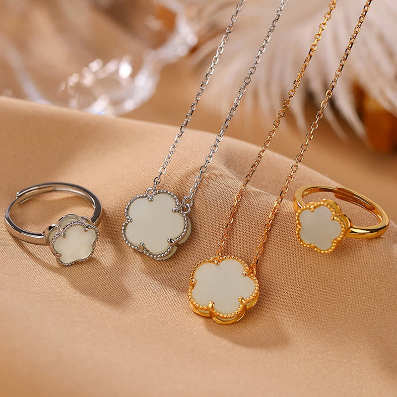 925 Sterling Silver Plated Gold Natural Hetian Jade Flower Luck Necklace Pendant Ring Set