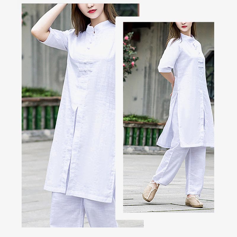 2Pcs Half Sleeve Shirt Top Pants Meditation Zen Tai Chi Linen Clothing Women's Set - Image 7